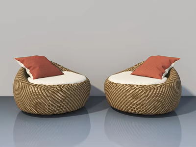 Woven Pet Cabinet With Round Design And Orange Cushions On Gray Floor And Light Wall 3d model