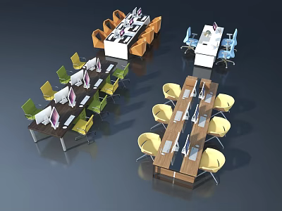 Modern Office Furniture Display With Colorful Chairs And Wooden White Tables 3d model