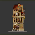 Cartoon Scene Of Multi story Red Roof Building With Balconies Shop Front And Lantern