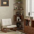 Modern Interior Shelving Unit With Books Photo Frames Decorative Items And White Accent Chair