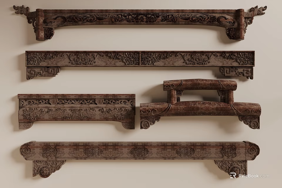 Traditional Wooden Architectural Components With Intricate Carved Ornamental Patterns And Designs 3d model 