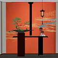 Japanese Style Console Table Interior With Red Wall Bonsai Hanging Lantern And Shelves