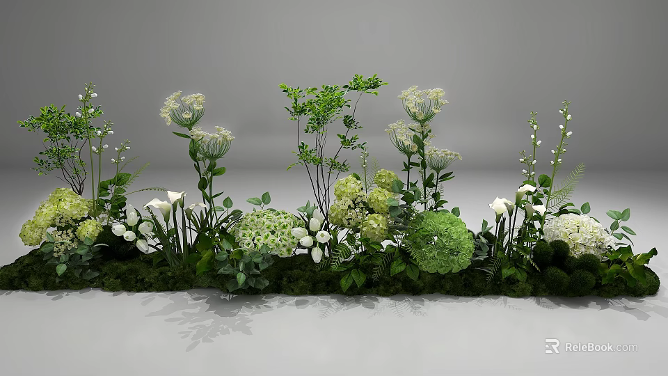 Lush Green Shrubs With White Flowers And Leafy Plants Garden 3d model 