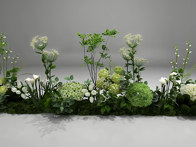 Lush Green Shrubs With White Flowers And Leafy Plants Garden 3d model