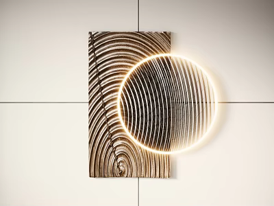 Modern Wooden Wall Decor with Rectangular Board and Illuminated Circular Radial Lines on White Wall 3d model