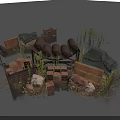 Outdoor Scene With Wooden Crates Sacks Stones And Green Grass Plants