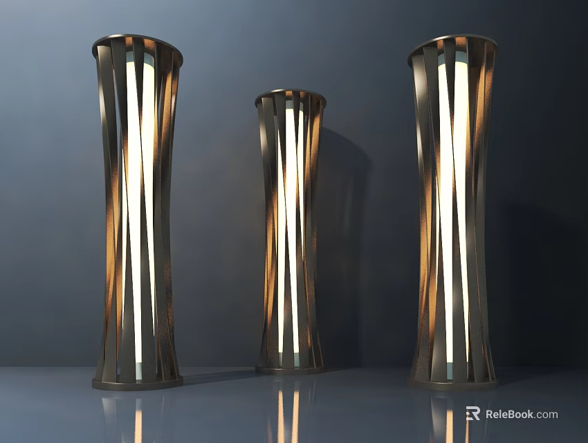 Three Modern Floor Lamps Featuring Striped Metal Frame And Illuminated Design 3d model 