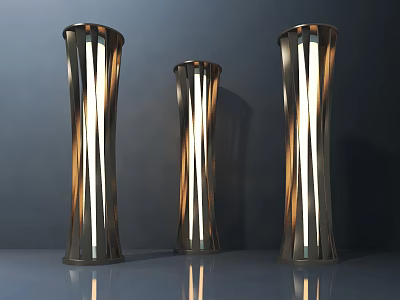 Three Modern Floor Lamps Featuring Striped Metal Frame And Illuminated Design 3d model