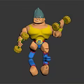 Muscular Game Movie Character With Spiky Blue Hair Yellow Shirt Blue Pants And Yellow Dumbbells