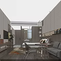 Modern Hotel Guest Room Interior With Bed Sofa TV Natural Light And Shelves