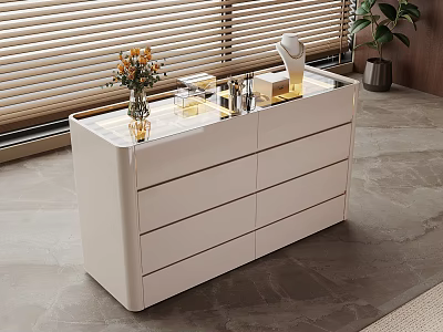 White Modern Dresser With Marble Top Decorative Items And Potted Plant Near Window Blinds 3d model