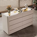White Modern Dresser With Marble Top Decorative Items And Potted Plant Near Window Blinds