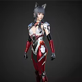 Futuristic Woman With Cat Ears In Red And Silver Mechanical Armor Standing Pose
