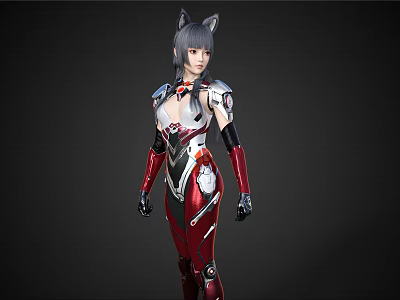 Futuristic Woman With Cat Ears In Red And Silver Mechanical Armor Standing Pose 3d model