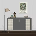 Modern Elegant Black Console Cabinet With Rattan Panels And Golden Handles For Entryway