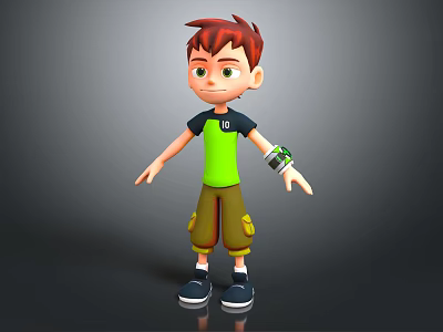 Red Haired Boy Character In Green T Shirt With Wrist Device And Brown Shorts 3d model