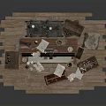 Vintage Wooden Furniture Collection With Piano Stool Chair And Crates On Planks