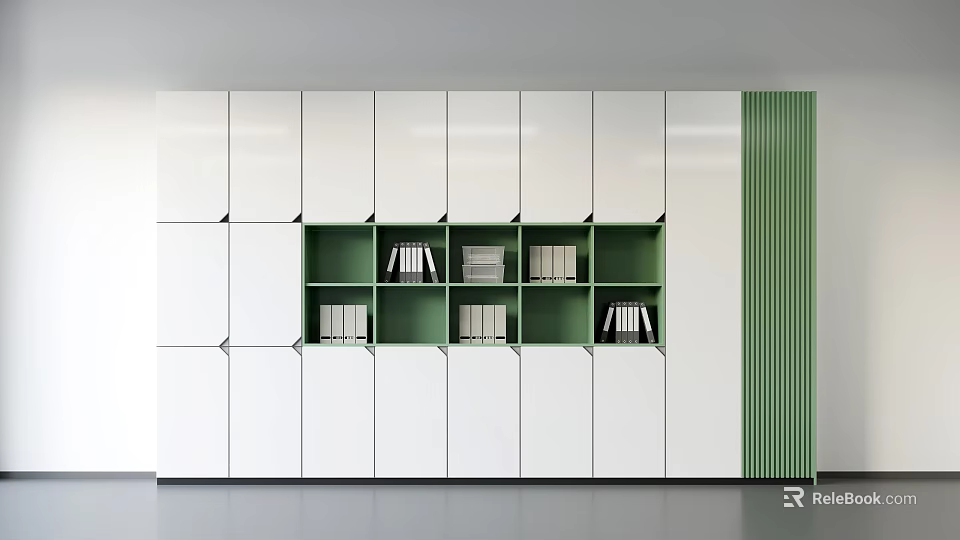 Modern White and Green Bookcase With Multiple Open Shelves Filled with Stacked Books 3d model 