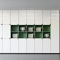 Modern White and Green Bookcase With Multiple Open Shelves Filled with Stacked Books