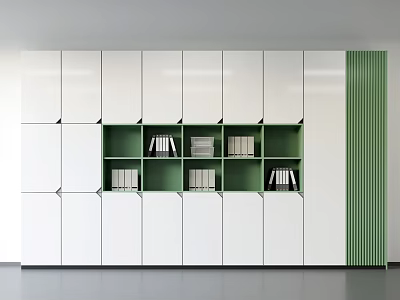 Modern White and Green Bookcase With Multiple Open Shelves Filled with Stacked Books 3d model