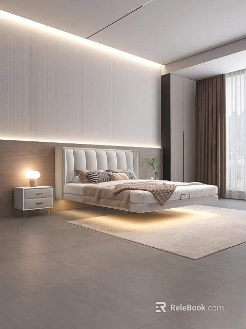 Modern Bedroom Interior With Double Bed Upholstered Headboard Nightstand Table Lamp Curtains And Rug 3d model 