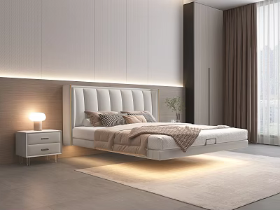 Modern Bedroom Interior With Double Bed Upholstered Headboard Nightstand Table Lamp Curtains And Rug 3d model