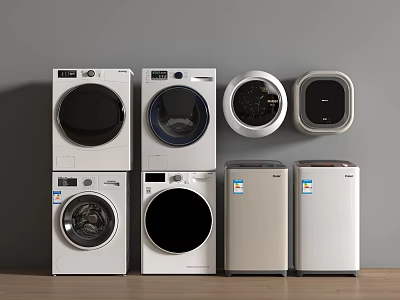 Six Washing Machines of Various Styles in White and Gray Stacked Against Wall 3d model