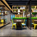 Korean BBQ Restaurant Interior With Pendant Lights Yellow Blue Chairs And Dining Tables