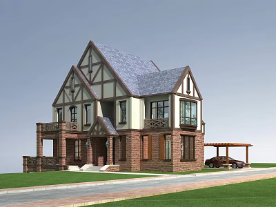 Detached Villa With Two Story Red Brick Exterior Gray Gabled Roof Balcony And Carport 3d model