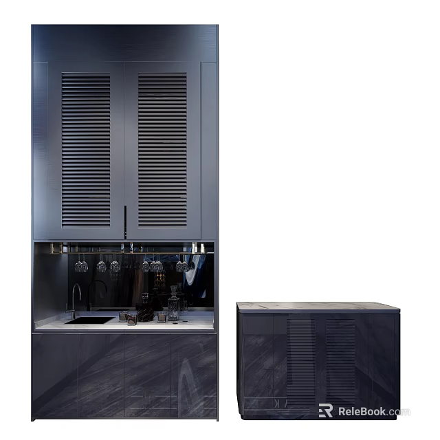 Modern Dark Computer Cabinet With Louvered Doors Workstation And Matching Side Cabinet 3d model 