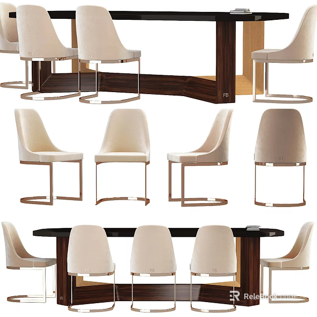 Modern Dining Table Set With Beige Chairs Metal Legs And Wooden Tabletop 3d model 
