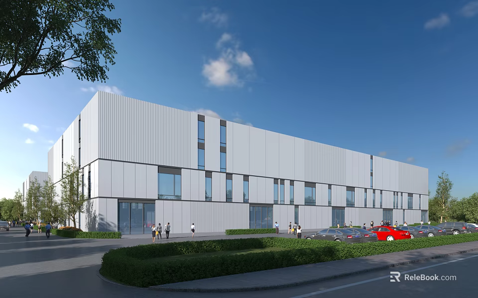 Modern Industrial Factory Exterior Design With Large Windows Greenery And Parking Area 3d model 