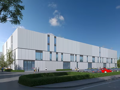 Modern Industrial Factory Exterior Design With Large Windows Greenery And Parking Area 3d model