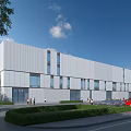 Modern Industrial Factory Exterior Design With Large Windows Greenery And Parking Area