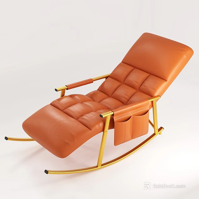 Orange Leather Lazy Lounge Chair With Golden Metal Frame Armrests And Side Pocket Rocking Design 3d model 