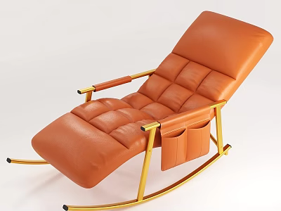 Orange Leather Lazy Lounge Chair With Golden Metal Frame Armrests And Side Pocket Rocking Design 3d model