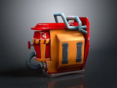 Red And Yellow Computer Case With Blue Handle Gray Hose And Warning Sign 3d model
