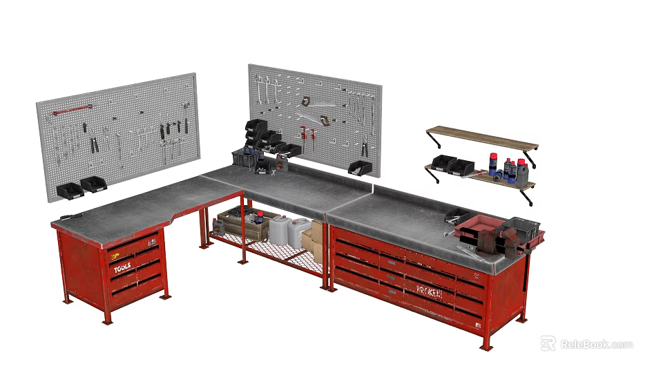 Industrial Workbench With Red Tool Pegboard Drawers Hanging Tools And Storage Shelves 3d model 
