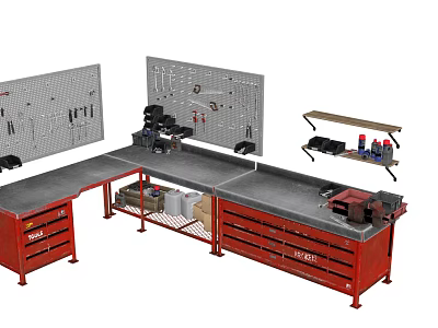 Industrial Workbench With Red Tool Pegboard Drawers Hanging Tools And Storage Shelves 3d model
