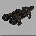 Futuristic Double Barrel Mechanical Weapon With Metallic Structure And Wooden Accents