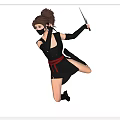 Women In Black Outfits With Red Belts Jumping With Swords And Masks