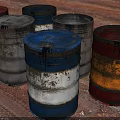 Colorful Industrial Equipment Steel Drums with Oil Stains on Ground Surface