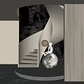 Elegant Spiral Staircase Design With Stone Wall Warm Lighting And Artistic Sculpture