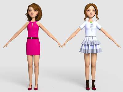 Two Women Dressed in Pink Belted Dress and White Top with Gray Skirt Standing 3d model
