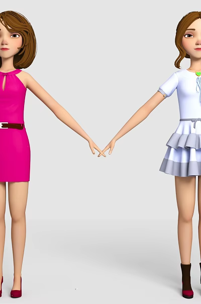 Two Women Dressed in Pink Belted Dress and White Top with Gray Skirt Standing 3d model