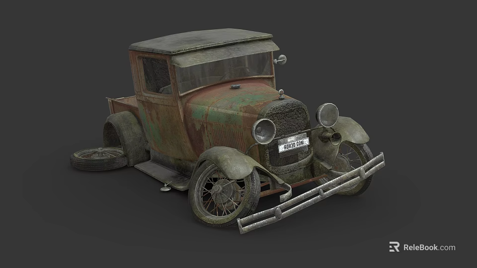 Vintage Rusty Truck With Green Brown Rust Side Old Tire Front Headlights And License Plate 3d model 