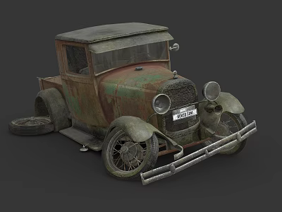 Vintage Rusty Truck With Green Brown Rust Side Old Tire Front Headlights And License Plate 3d model