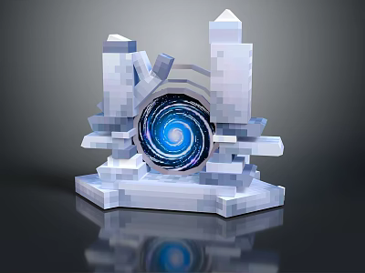 Cartoon Pixel Style Scene With Blue Vortex And White Pillar Structures 3d model