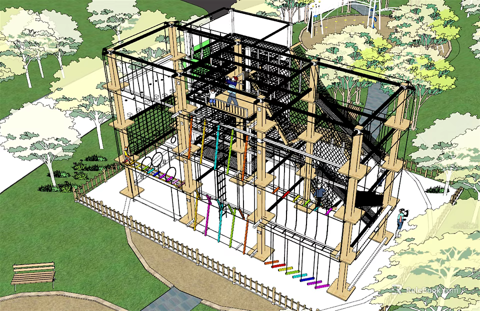 Outdoor Multi Level Playground Equipment With Climbing Nets Ropes And Surrounding Trees 3d model