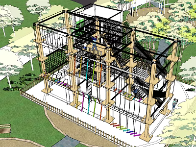 Outdoor Multi Level Playground Equipment With Climbing Nets Ropes And Surrounding Trees 3d model